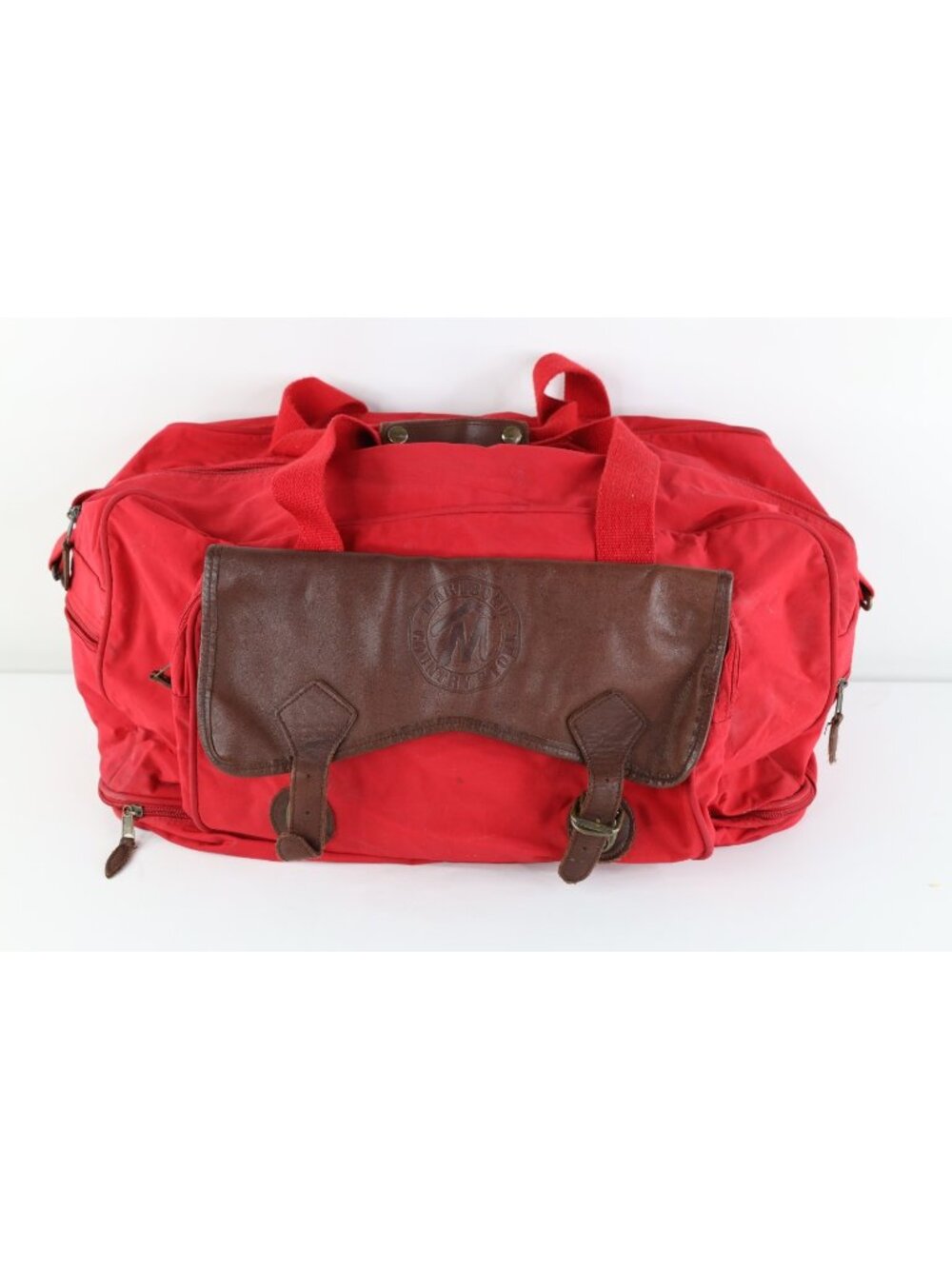 Vtg 90s Marlboro Country Store Distressed Leather Trim Handled Duffel Bag Red